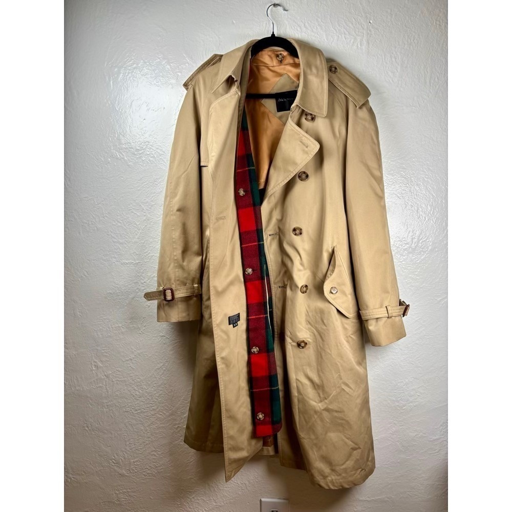 Austin Manor‎ Mens 38R Tan Double Breasted Trench Coat Plaid Removable Liner